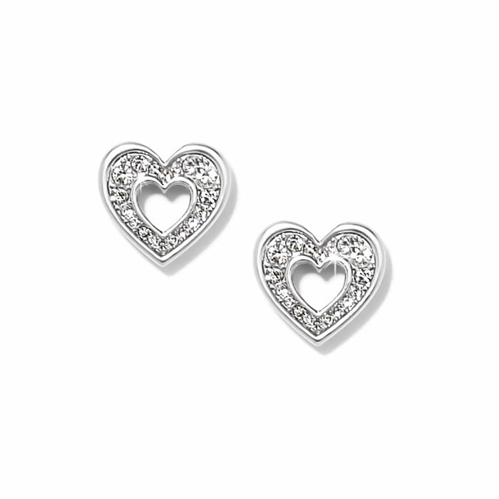 Brighton heart stud earrings with silver-plated open hearts and pavé crystal accents on a white background