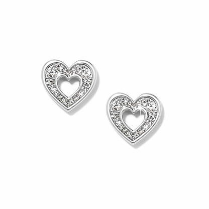 Brighton heart stud earrings with silver-plated open hearts and pavé crystal accents on a white background
