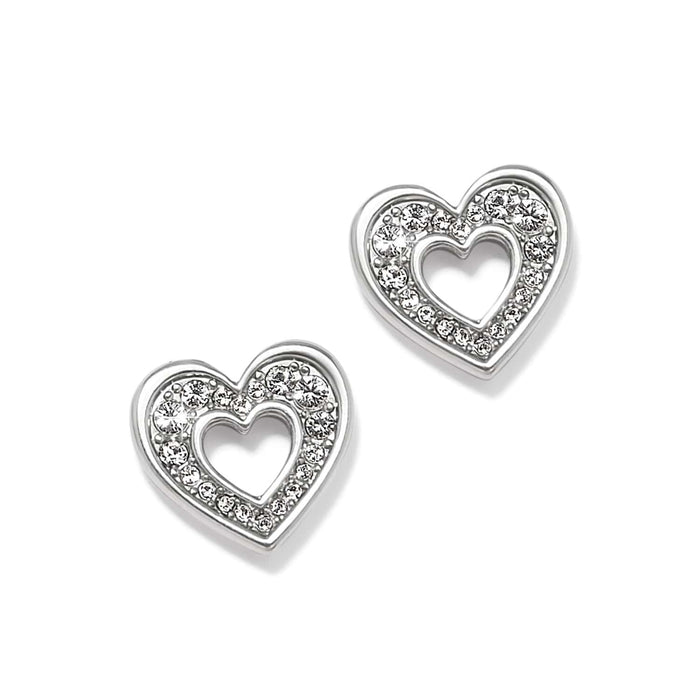 Brighton stud earrings with silver-plated open heart design and crystal accents on a white background