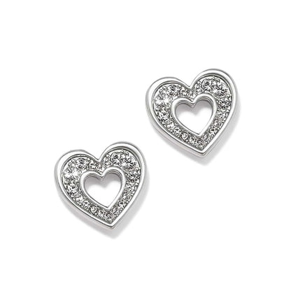Brighton stud earrings with silver-plated open heart design and crystal accents on a white background
