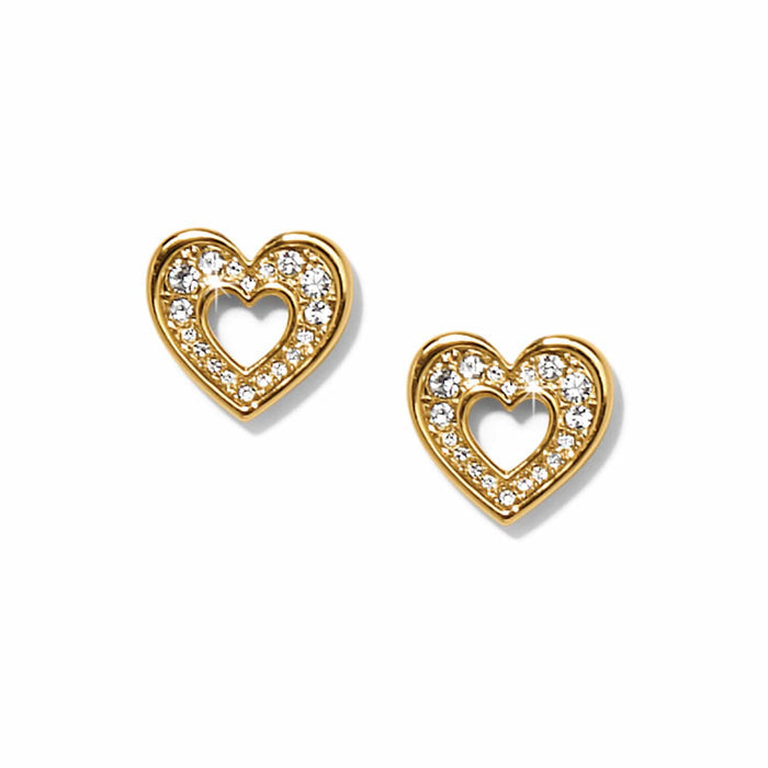 Brighton stud earrings with gold-plated open heart design and crystal accents on a white background