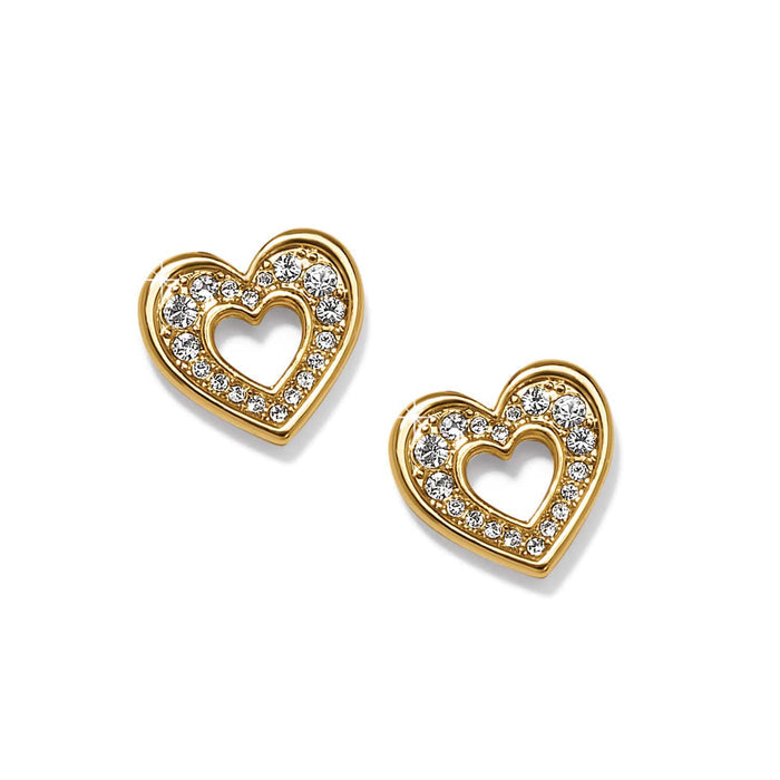 Brighton stud earrings with gold-plated open heart design and crystal pavé accents on a white background