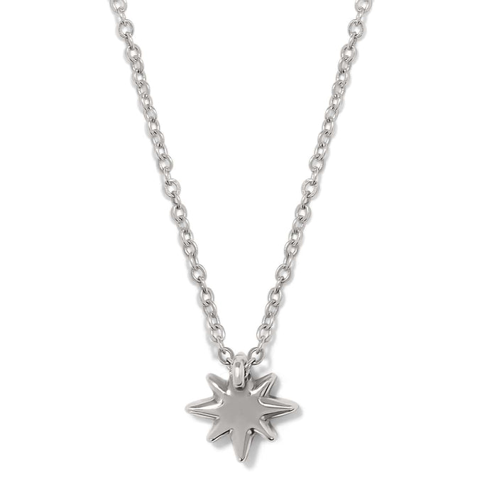Brighton pendant necklace with silver-plated starburst charm on delicate cable chain on a white background