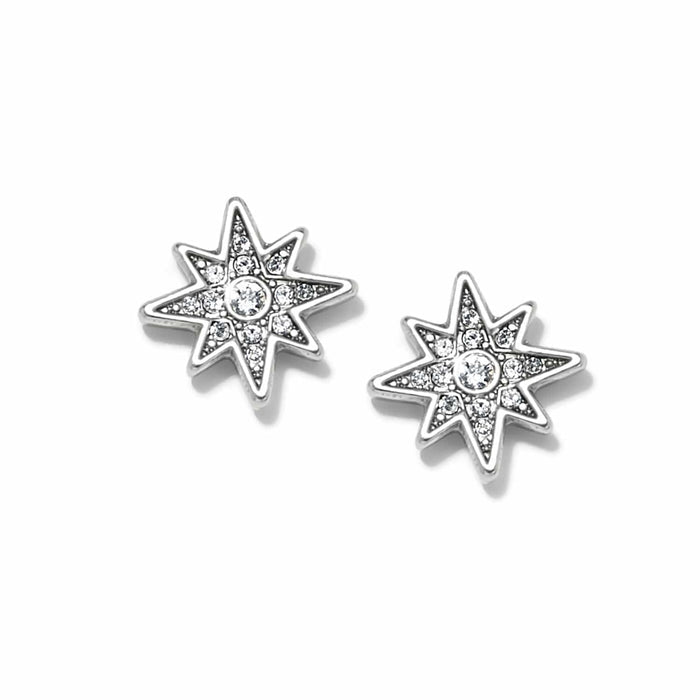 Brighton stud earrings with silver-plated eight-point star design and pavé crystal accents on a white background