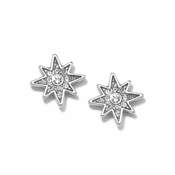 Brighton stud earrings with silver-plated eight-point star design and pavé crystal accents on a white background