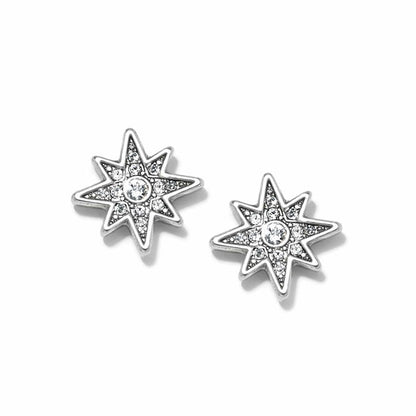 Brighton stud earrings with silver-plated eight-point star design and pavé crystal accents on a white background