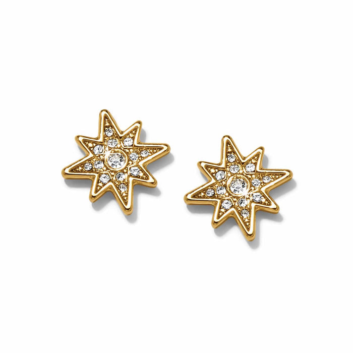 Brighton stud earrings with gold-plated eight-point star design and crystal accents centered on each star on a white background