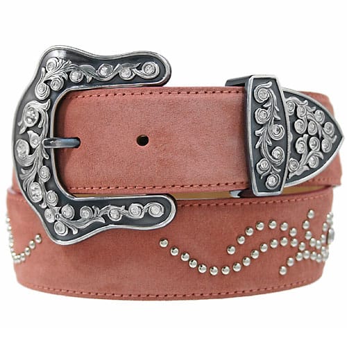 Brighton pink leather belt with ornate scrolled silver-tone buckle, crystal accents, and studded detailing on a white background