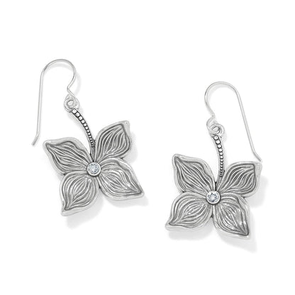 Brighton drop earrings with silver-plated four-petal flower design and crystal centers on a white background