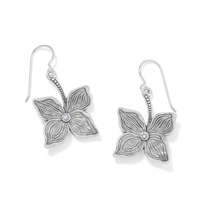 Brighton drop earrings with silver-plated four-petal flower design and crystal centers on a white background