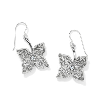 Brighton drop earrings with silver-plated four-petal flower design and crystal centers on a white background