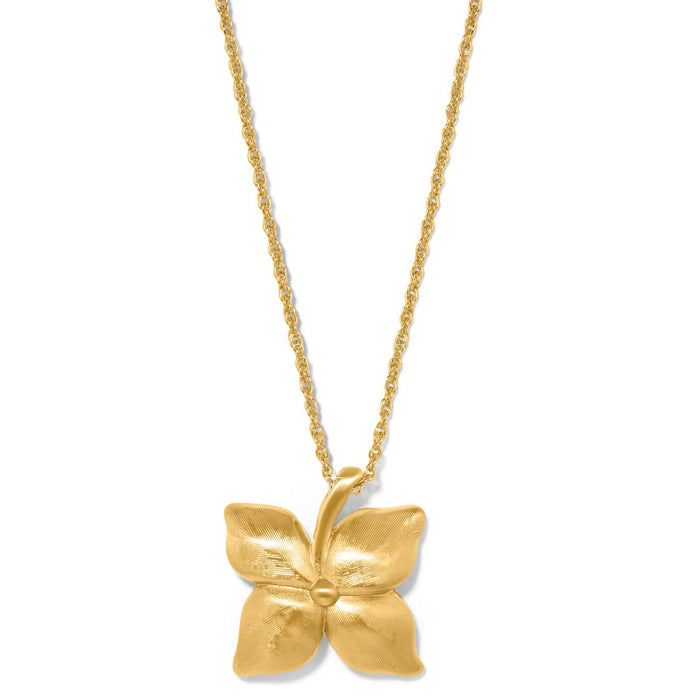 Brighton pendant necklace with gold-plated four-petal flower charm on a delicate gold-tone chain on a white background