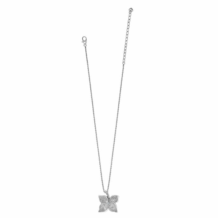 Brighton flower pendant necklace with silver-plated petals, crystal center, and adjustable rope chain on a white background