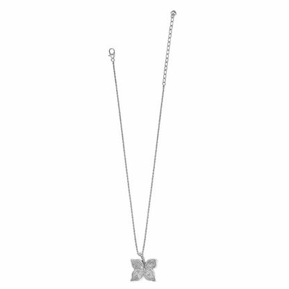 Brighton flower pendant necklace with silver-plated petals, crystal center, and adjustable rope chain on a white background