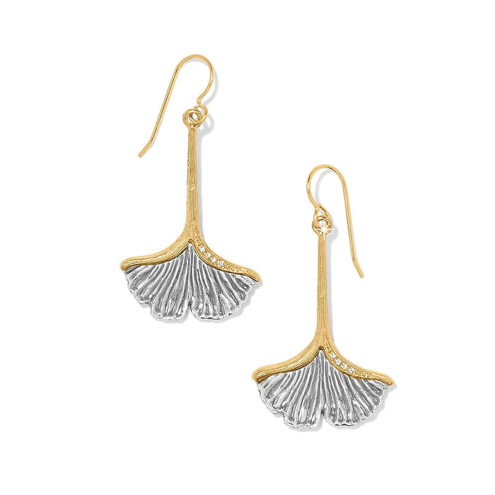Brighton drop earrings with silver ginkgo leaf design, gold-tone stems, and crystal accents on a white background