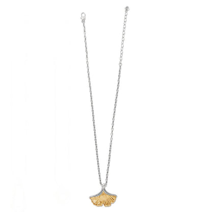 Brighton pendant necklace with two-tone ginkgo leaf design and crystal accents on a silver chain on a white background