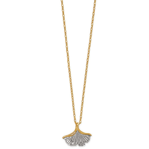 Brighton pendant necklace with two-tone ginkgo leaf charm and crystal accents on gold-tone chain on a white background