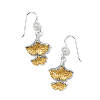 Brighton drop earrings with two-tone ginkgo leaves and white pearl accents on a white background