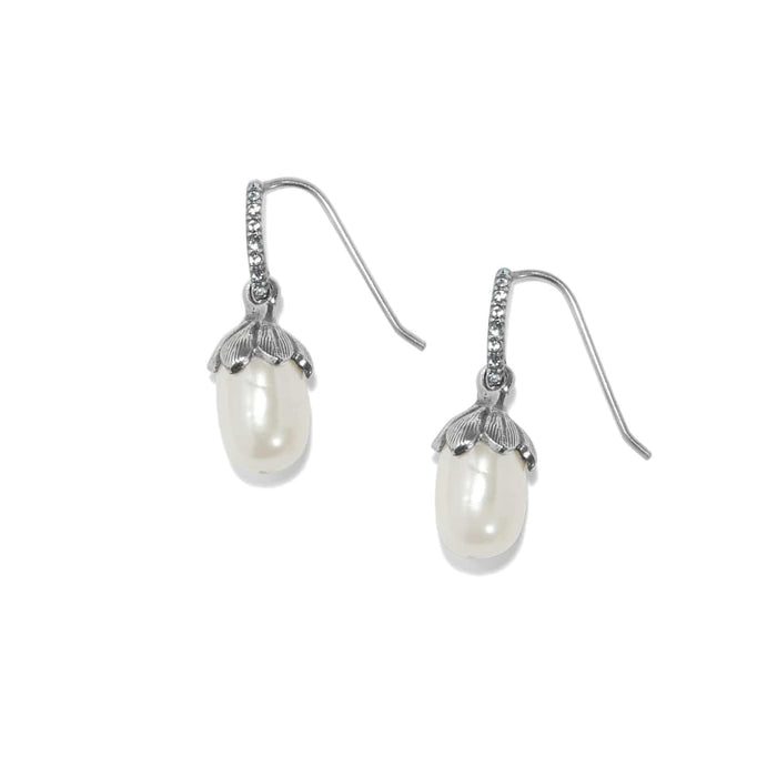 Brighton drop earrings with rice pearls and silver-plated crystal hooks featuring floral cap accents on a white background