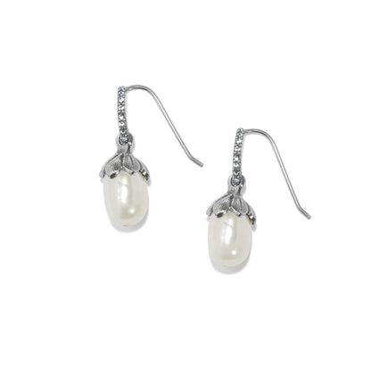 Brighton drop earrings with rice pearls and silver-plated crystal hooks featuring floral cap accents on a white background