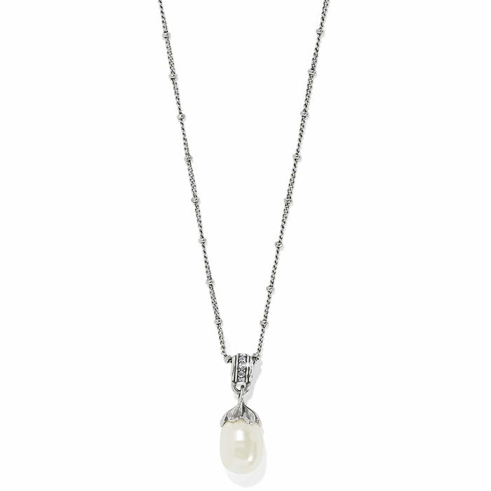 Brighton pendant necklace with rice pearl drop, silver-plated beaded chain, and crystal-accented bail on a white background