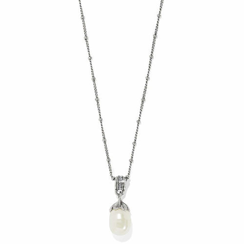 Brighton pendant necklace with rice pearl drop, silver-plated beaded chain, and crystal-accented bail on a white background