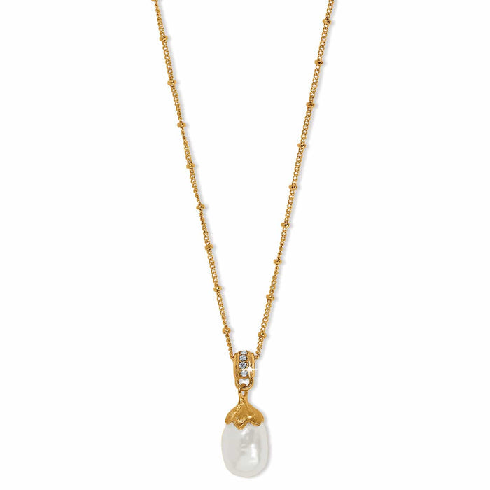 Brighton pendant necklace with rice pearl drop, crystal-accented bail, and beaded gold-tone chain on a white background