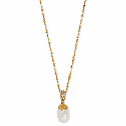 Brighton pendant necklace with rice pearl drop, crystal-accented bail, and beaded gold-tone chain on a white background