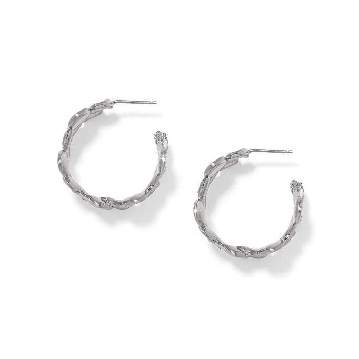 Brighton hoop earrings with silver-plated twisted braided design and crystal accents on a white background