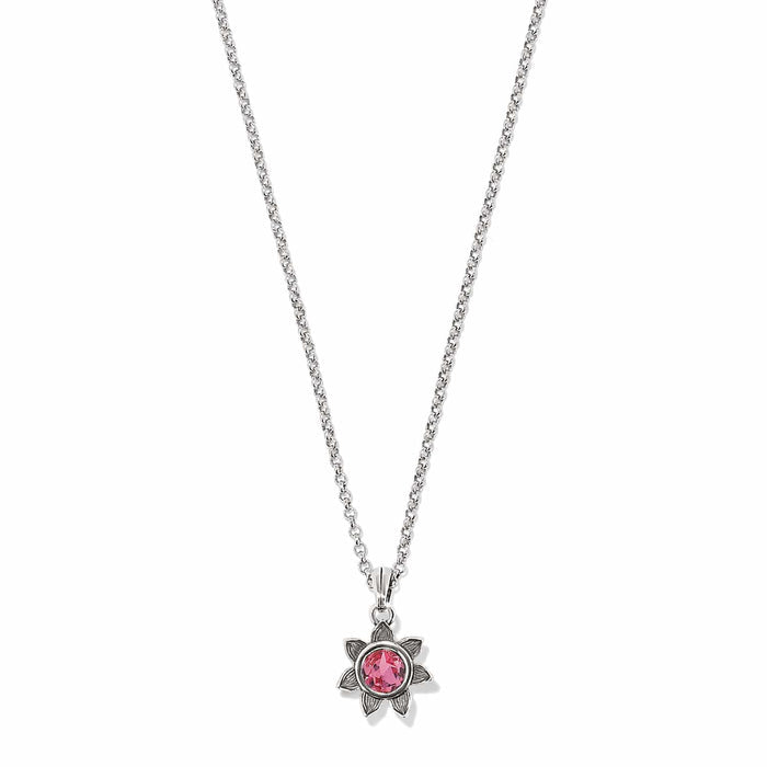 Brighton pendant necklace with pink crystal flower charm and silver-plated rolo chain on a white background