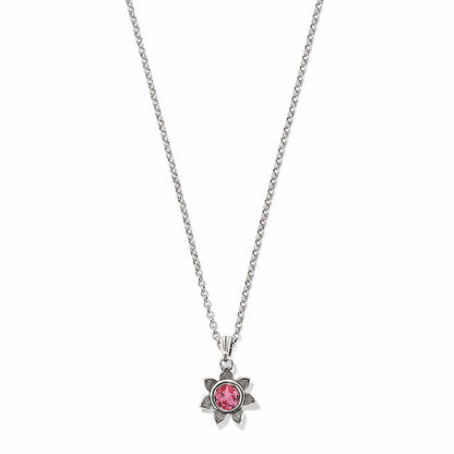 Brighton pendant necklace with pink crystal flower charm and silver-plated rolo chain on a white background