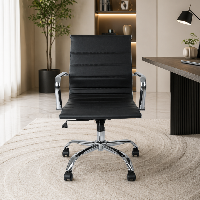 Executive Mid Back Ergonomic Office Chair with PU Upholstery, Chrome Armrests & Base, Height Adjustable Swivel Mechanism for Office & Home Use