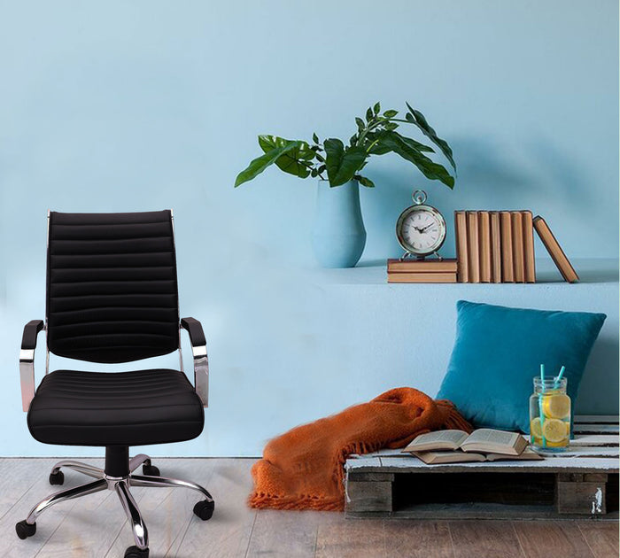 Executive Mid Back Office Chair with Cushioned Seat, Hydraulic Height Adjustment, Chrome Armrests, Swivel Base and Castor Wheels for Office & Home Workspace
