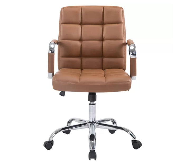 Executive Mid Back Office Chair with Grid Stitch Cushion, PU Upholstery, Chrome Arm Support &amp; Metal Base, Adjustable Swivel for Office and Home Use