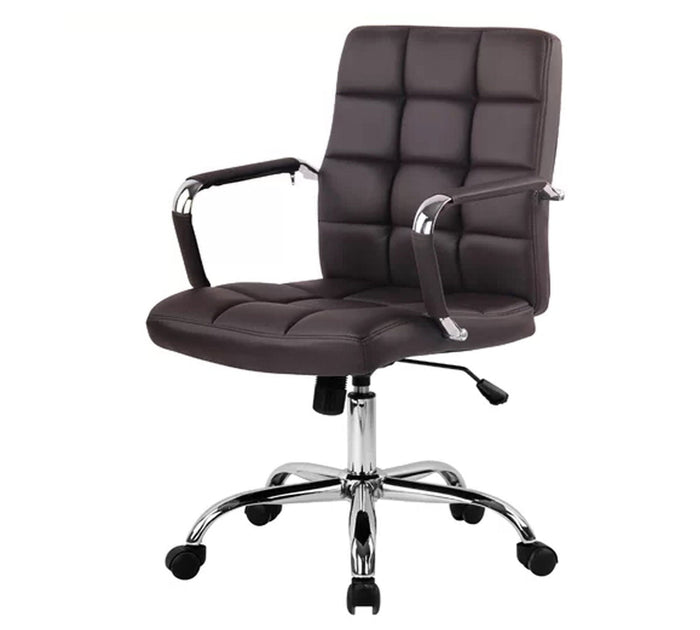 Executive Mid Back Office Chair with Grid Stitch Cushion, PU Upholstery, Chrome Arm Support &amp; Metal Base, Adjustable Swivel for Office and Home Use