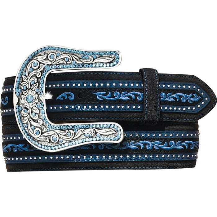 Brighton black leather belt with blue embroidery, silver-tone crystal-embellished buckle, and studded accents on a white background