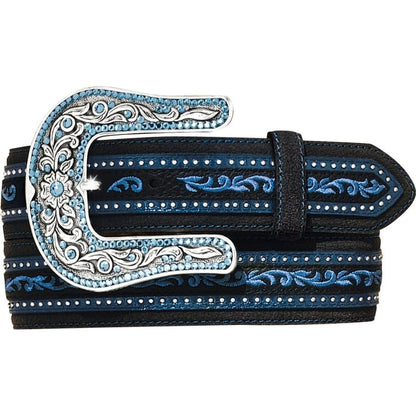 Brighton black leather belt with blue embroidery, silver-tone crystal-embellished buckle, and studded accents on a white background