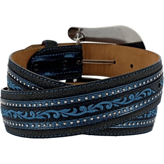 Brighton leather belt with black finish, blue scroll embroidery, silver-tone studs, and silver-tone buckle on a white background