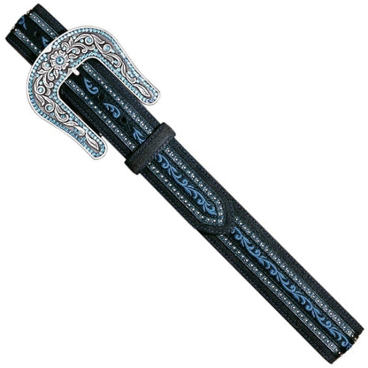 Brighton leather belt with blue scroll embroidery, silver studs, and ornate crystal-accented buckle on a white background