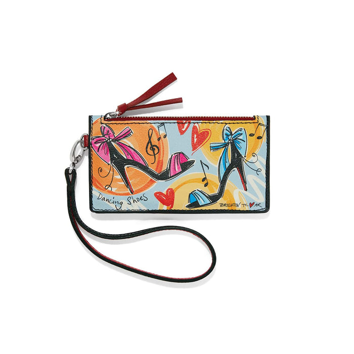 Brighton zip card case with illustrated high heel print, red tassel, and black wristlet strap on a white background
