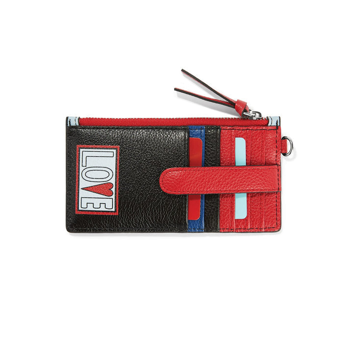 Brighton zip card case in black and red leather with LOVE graphic and multiple card slots on a white background