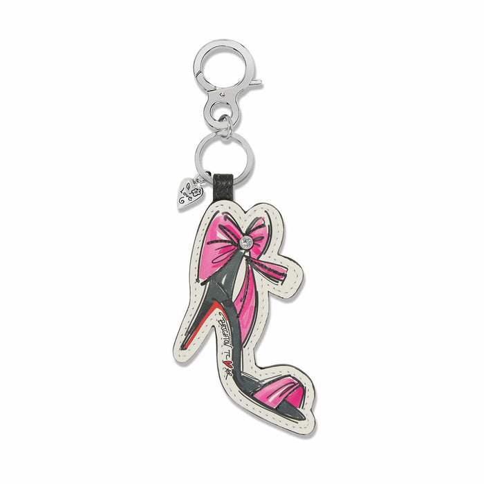 Brighton leather bag charm keychain with illustrated pink and black high-heel shoe design and silver-tone clasp on a white background