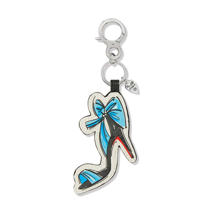 Brighton leather keychain with illustrated blue and black high-heel shoe design and silver-tone clasp on a white background