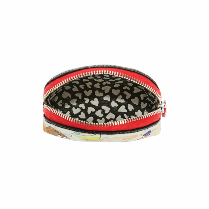 Brighton pouch shown open with red zipper trim and black heart-print interior lining on a white background
