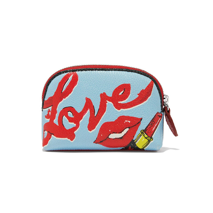 Brighton pouch in light blue with red Love script print, lips, and lipstick illustration on a white background