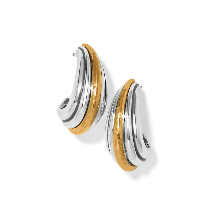 Brighton hoop earrings with two-tone silver and gold curved design featuring hammered texture on a white background