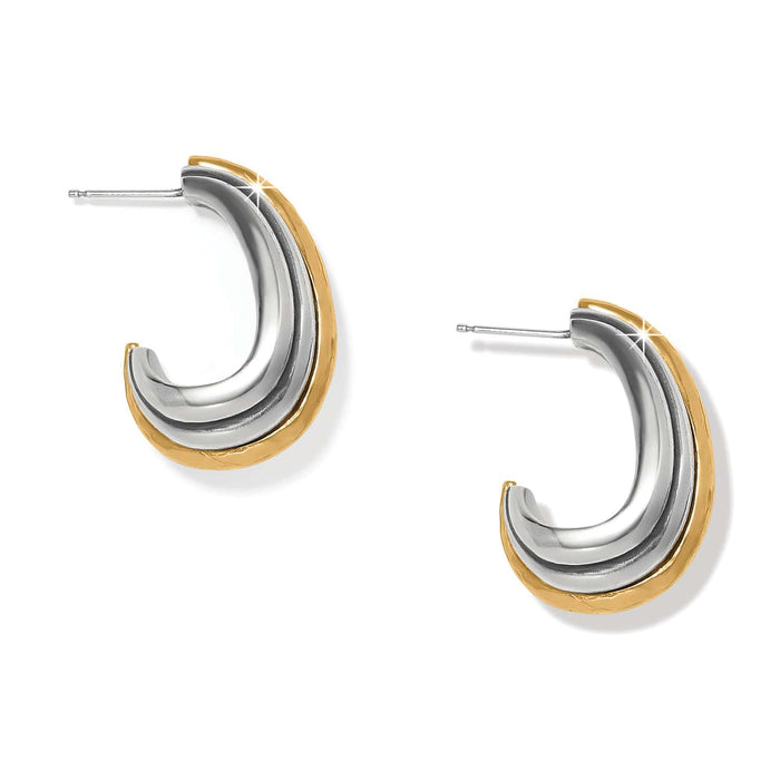Brighton hoop earrings with two-tone silver and gold layered curved design and post backs on a white background