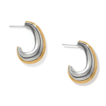 Brighton hoop earrings with two-tone silver and gold layered curved design and post backs on a white background