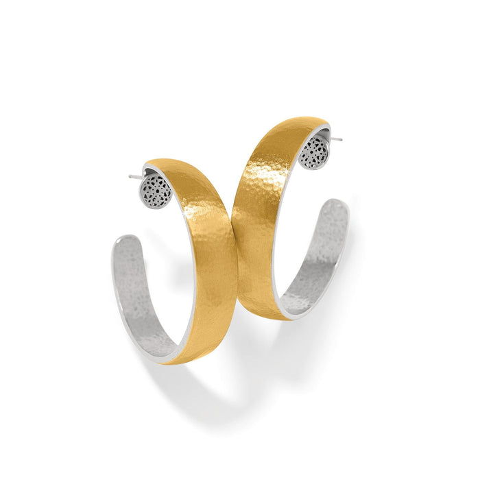 Brighton hoop earrings with two-tone gold and silver hammered finish and decorative silver post detail on a white background