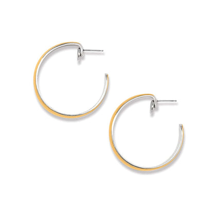 Brighton hoop earrings with two-tone silver and gold finish and post backs on a white background